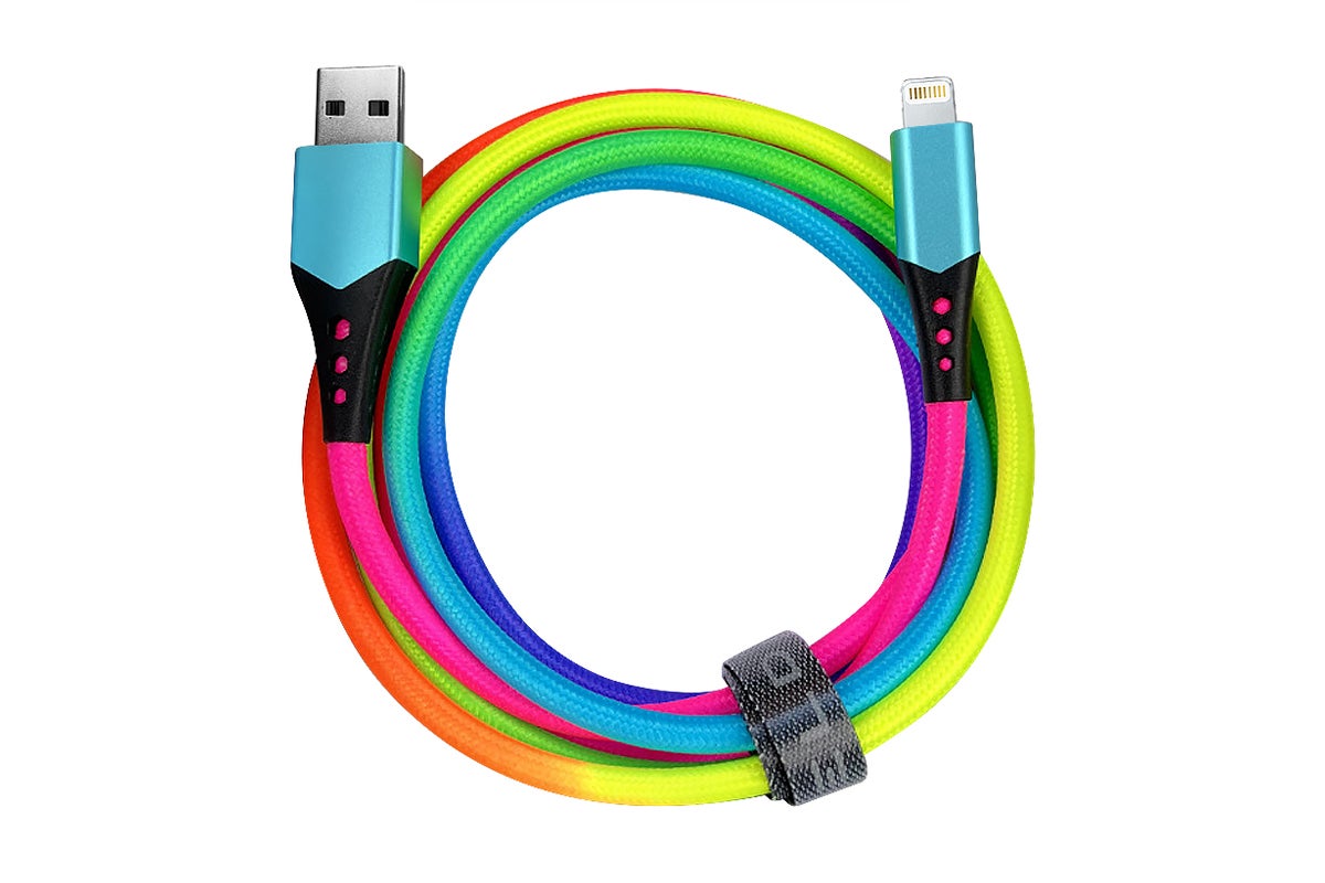 An MFi-certified rainbow lightning cable on a white background