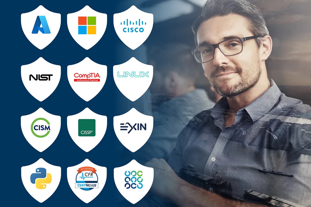 A male-presenting person posing with different cybersecurity tool logos to the left of him.