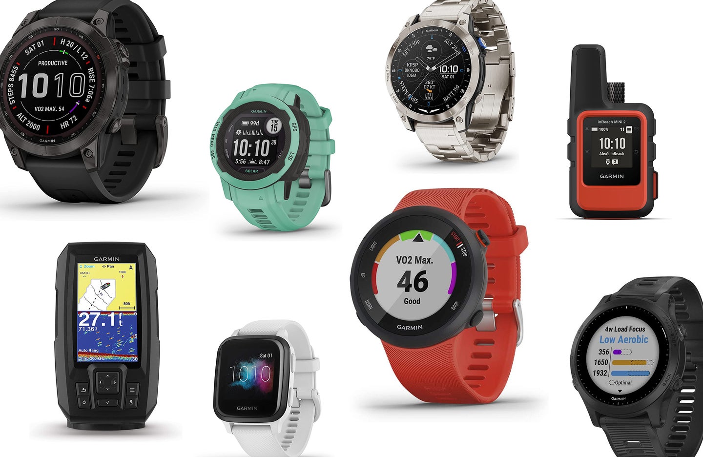 A selection of Garmin smartwatches and devices on a white background