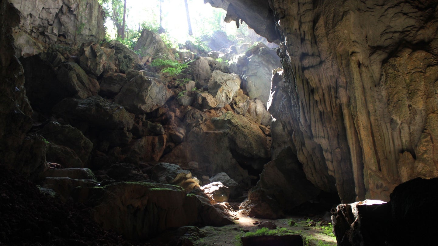Looking back at the entrance of Tam Pà Ling cave from the cave floor. The excavation pit is the the left of this location.