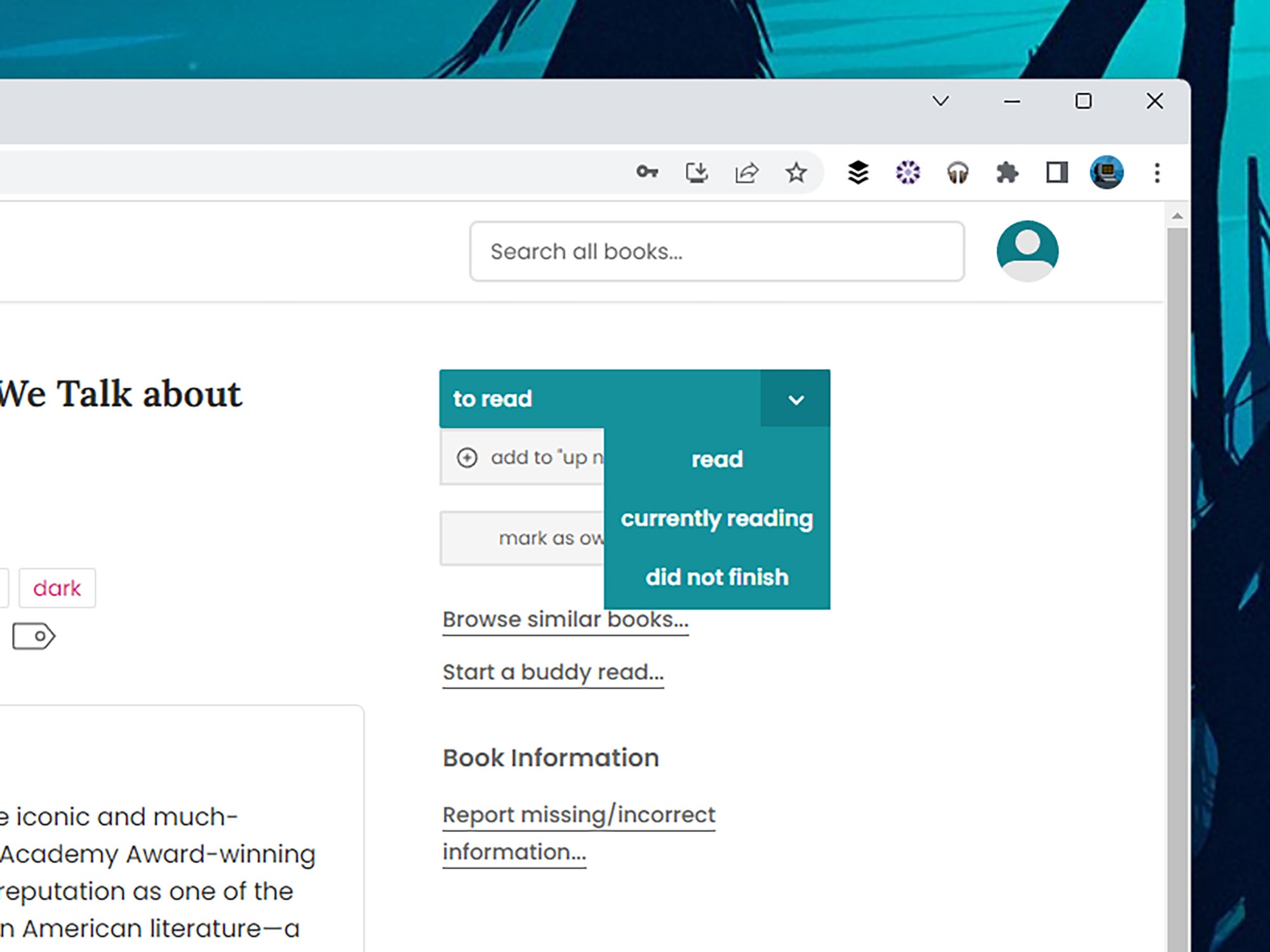 The StoryGraph interface for adding books to your reading, to-read, or previously read lists.