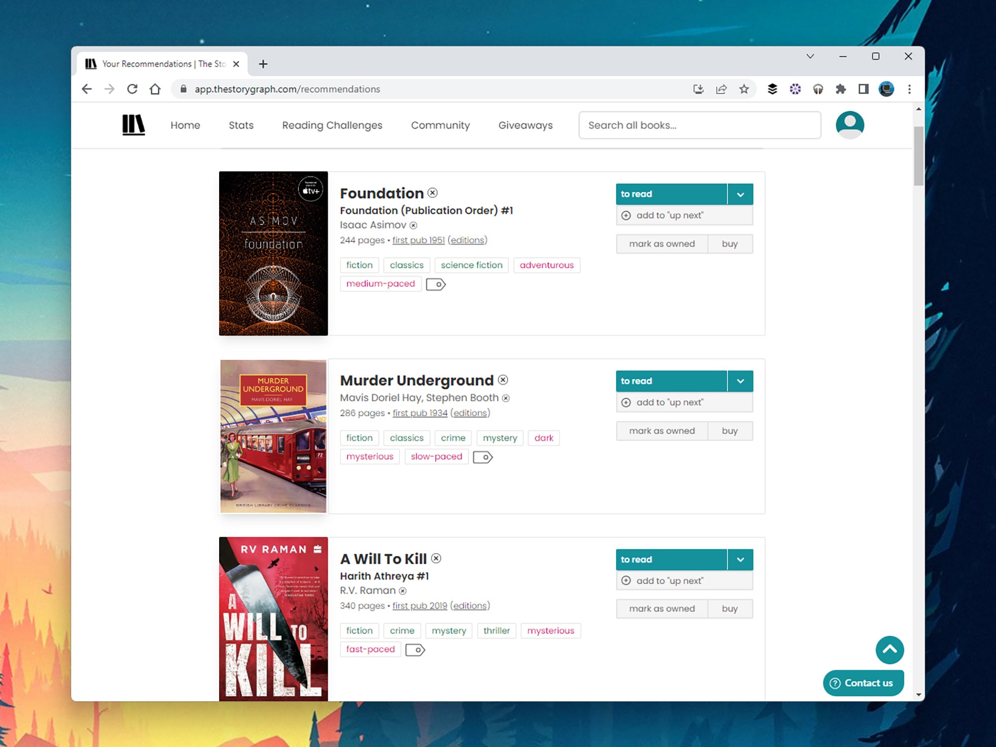 The book recommendations interface on StoryGraph.