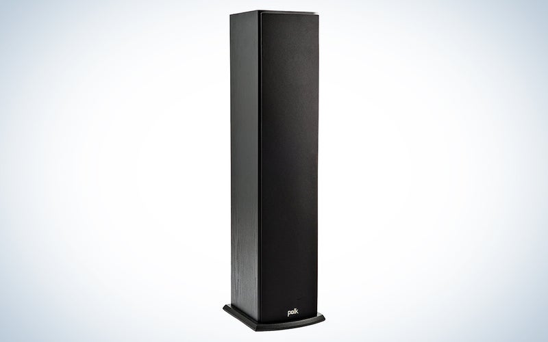 A Polk Audio T50 150 Watt Home Theater Floor Standing Tower Speaker on a blue and white background