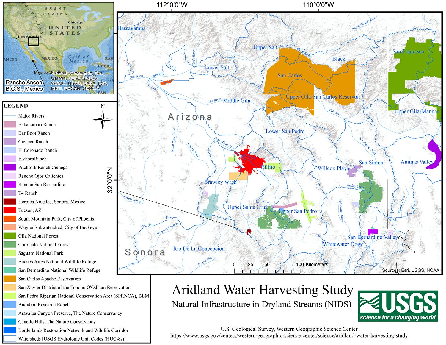 USGS map of Arizona, New Mexico, and Mexico showing areas studied during Aridland Water Harvesting Study
