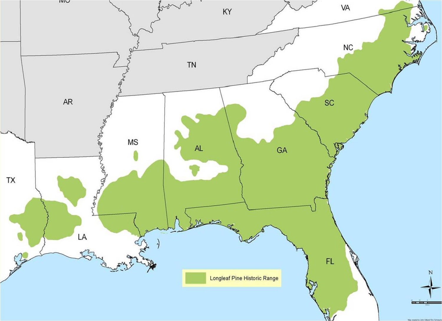 Longleaf pine historic range in Southeast US. Map is in white, gray, green, and blue.