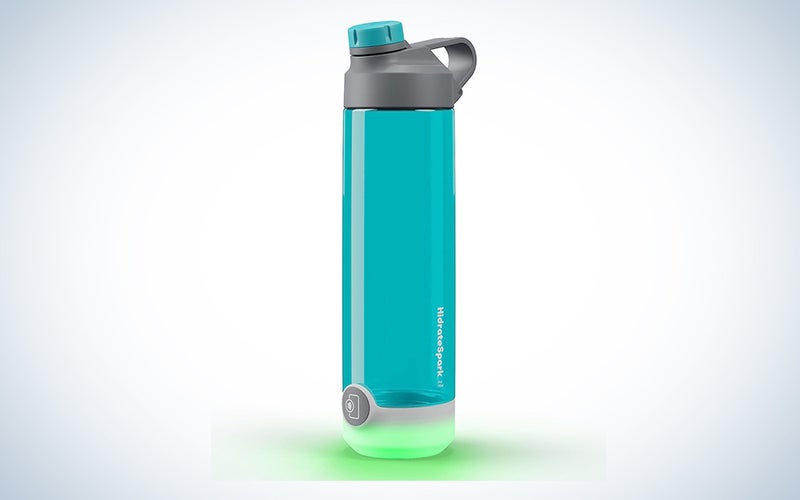 A teal HidrateSpark TAP water bottle on a blue and white background