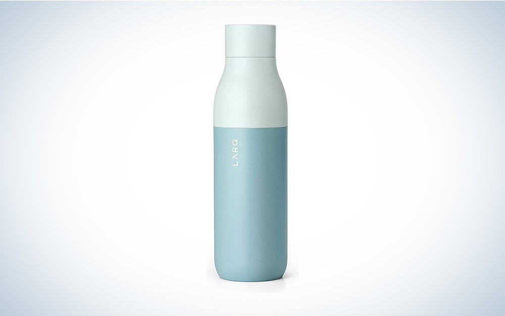 A blue LARQ water bottle on a blue and white background