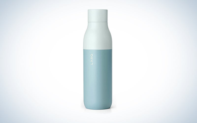 A blue LARQ water bottle on a blue and white background
