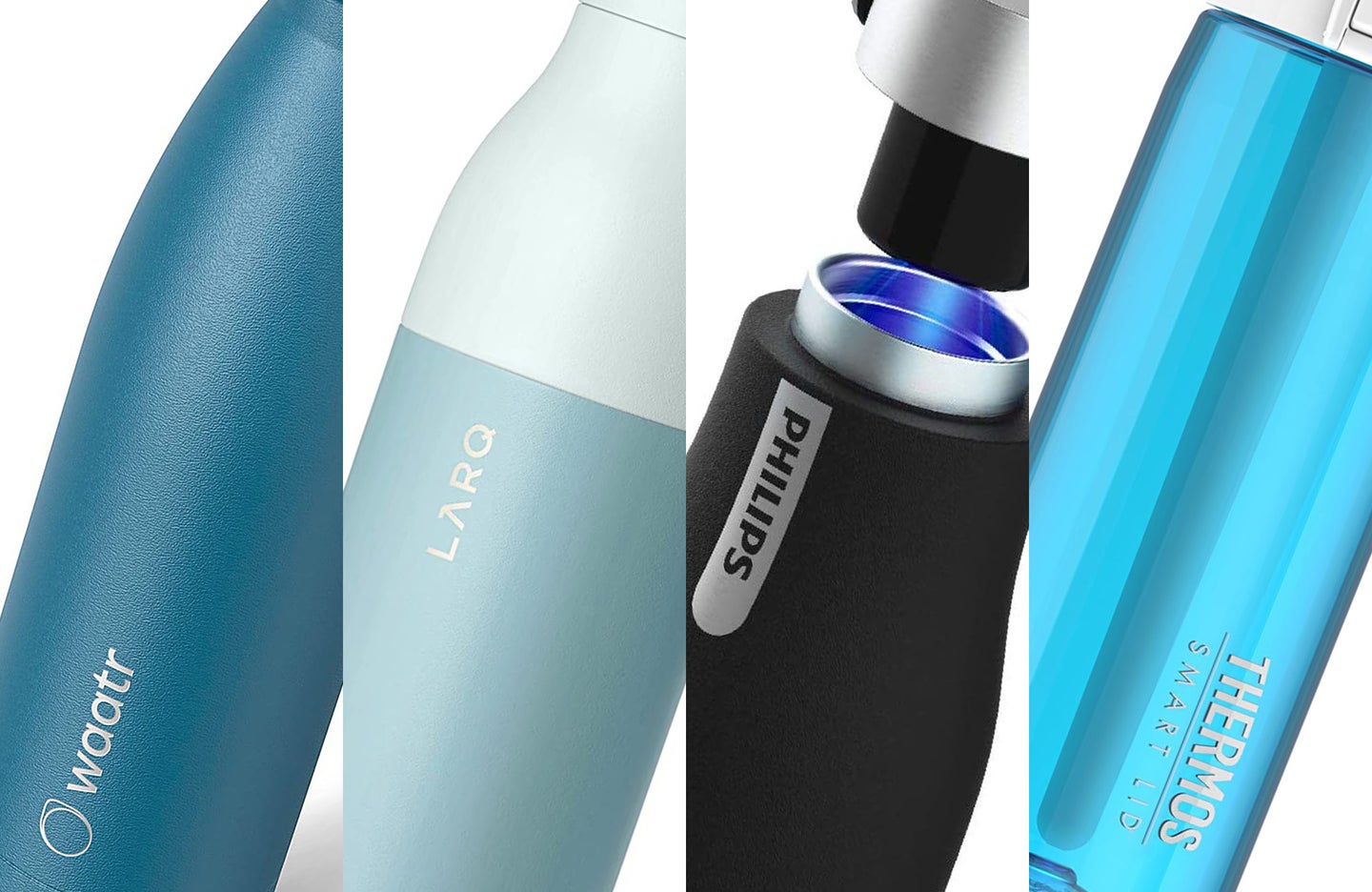 A lineup of smart water bottles on a white background