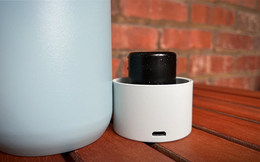 A close-up of the microUSB charger on the LARQ smart water bottle