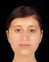 A Caucasian woman with dark hair and dark eyes. The Trumpington Cross burial facial reconstruction was created by forensic artist Hew Morrison using measurements of the womanâs skull and tissue depth data for Caucasian females.