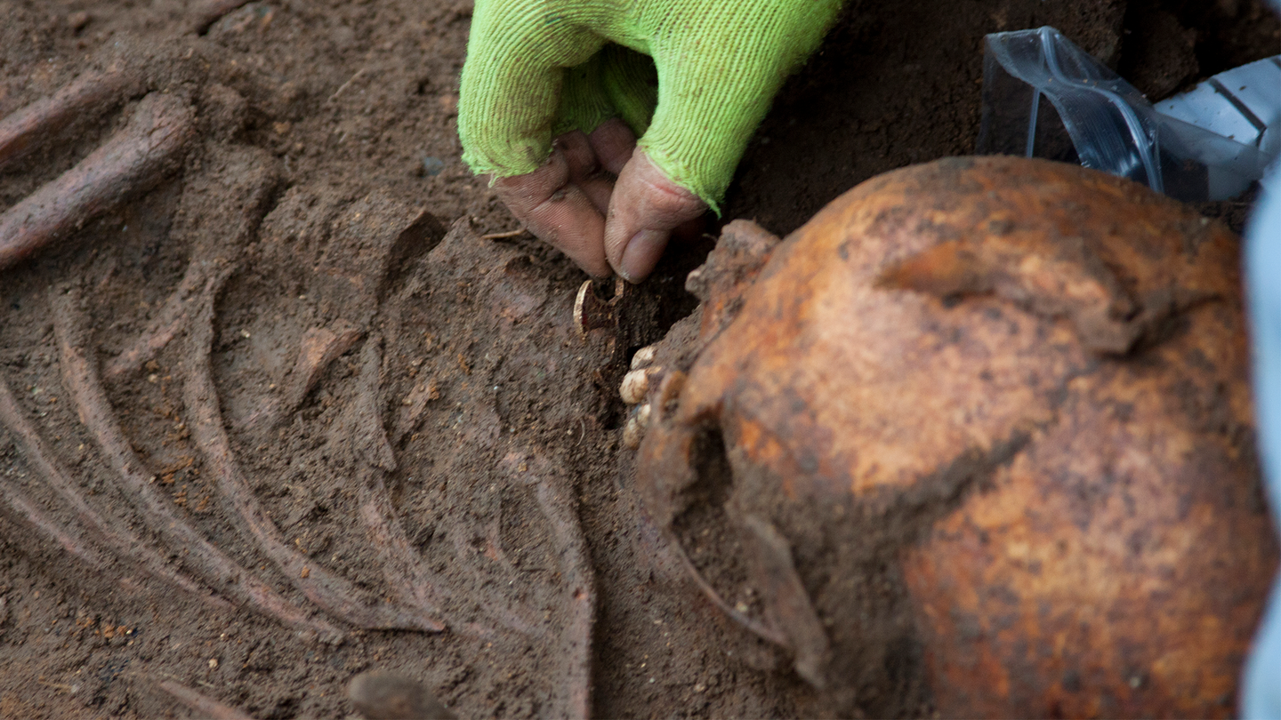 An archaeologist uncovers a skull and bones. The Trumpington Cross was found during the excavation of the burial in 2012.
