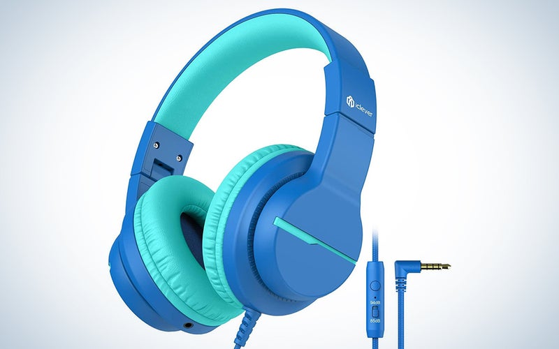 A pair of blue iClever headphones on a blue and white background