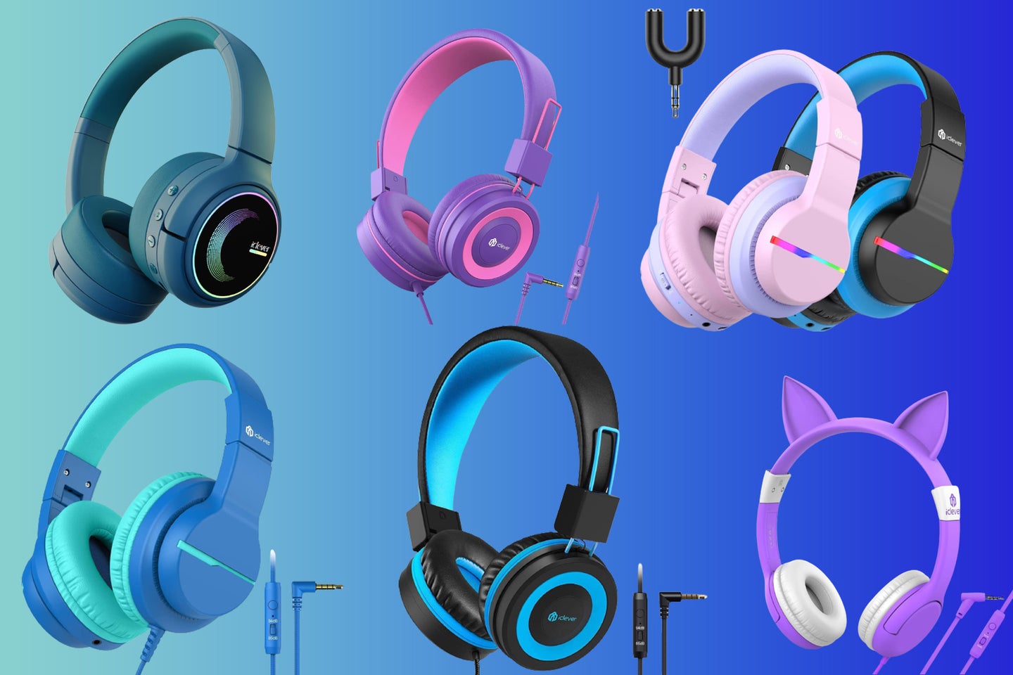 A pair of kids headphones on a light blue and dark blue gradient background.