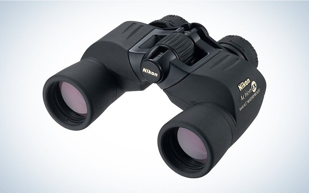 Black Nikon Action EX best budget binoculars for hiking on a blank background