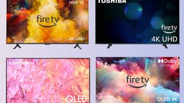Four amazon TVs on a pink and purple gradient background