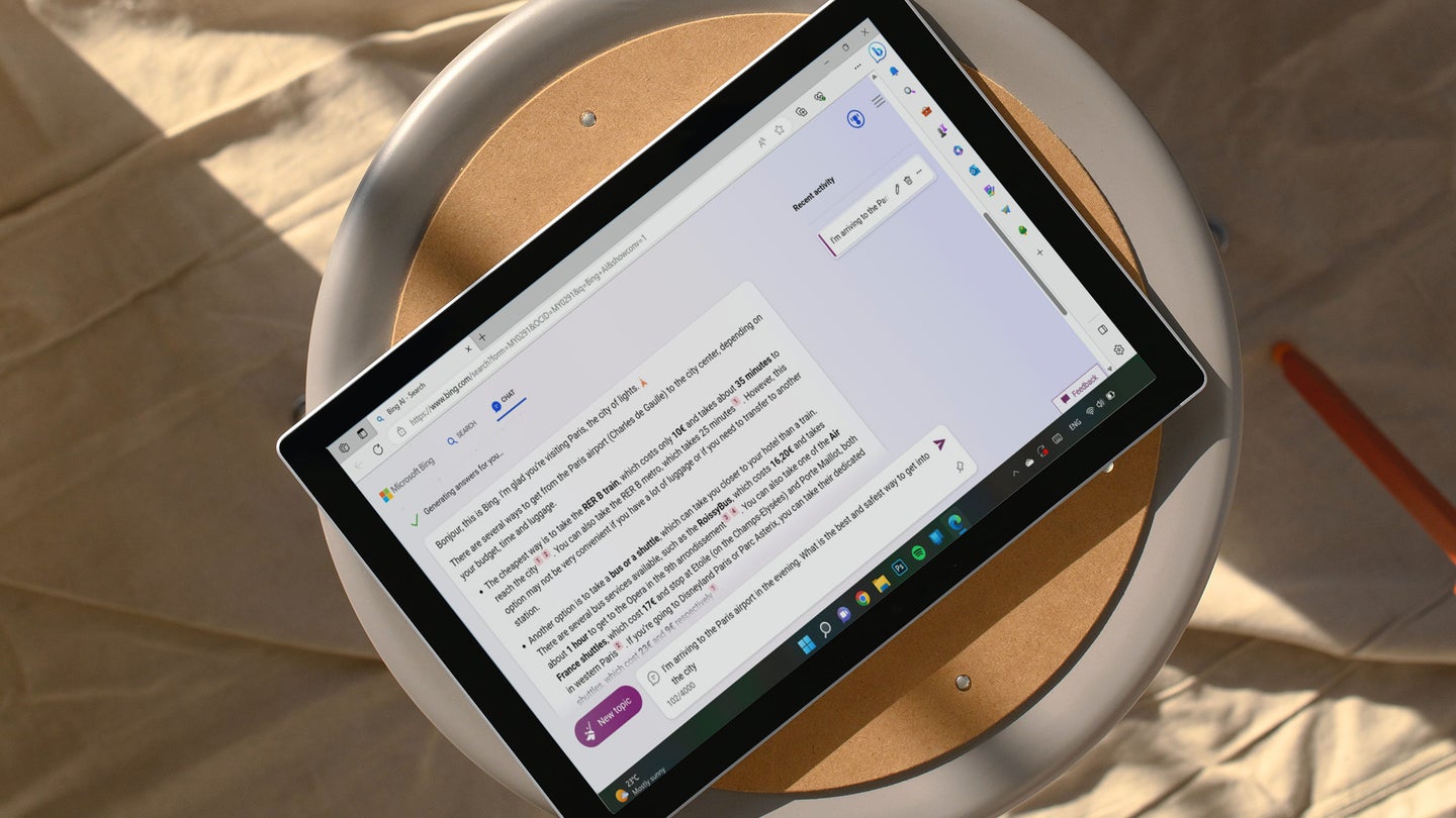Tablet on stool showing Bing's AI-powered chat mode.