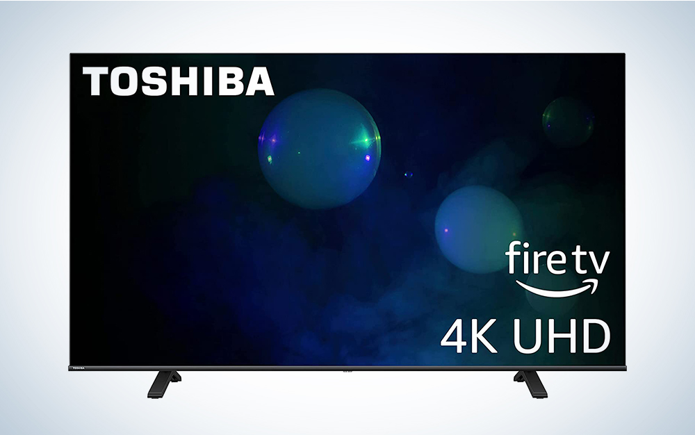 A Toshiba 65-inch TV on a blue and white background