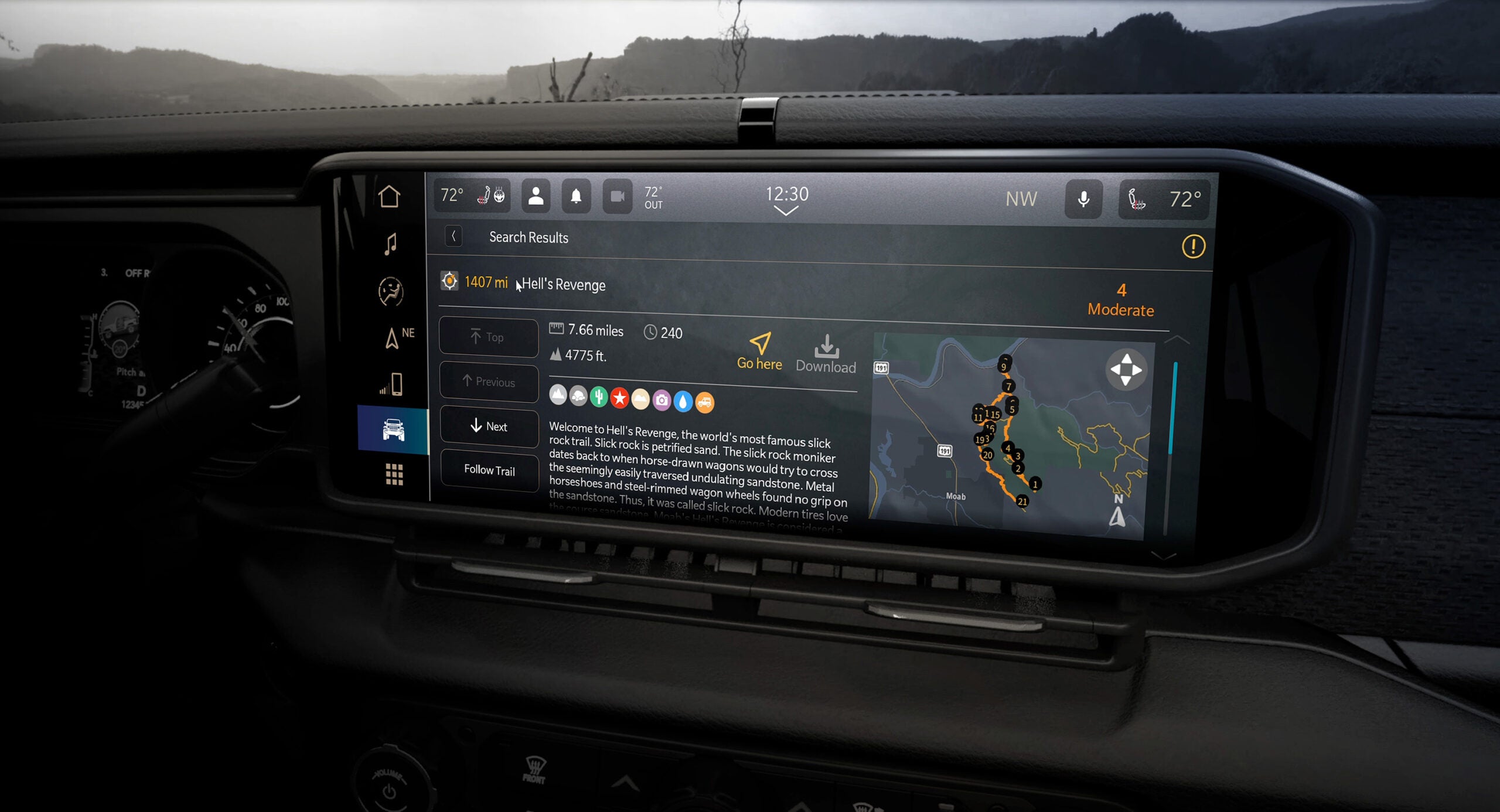 Downloaded right into the Uconnect 5 system and displayed on the new 12.3-inch high-resolution screen, Trails Offroad offers detailed trail guides for the 62 Jeep® Badge of Honor trails, which include Hell’s Revenge in Utah.
