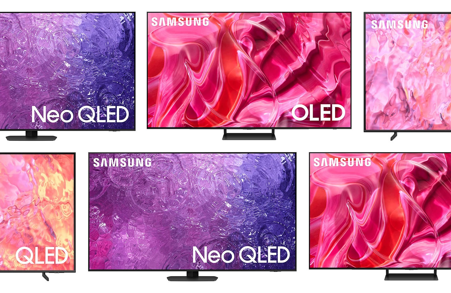 Samsung TVs arranged in a pattern. They're on-sale at Amazon.