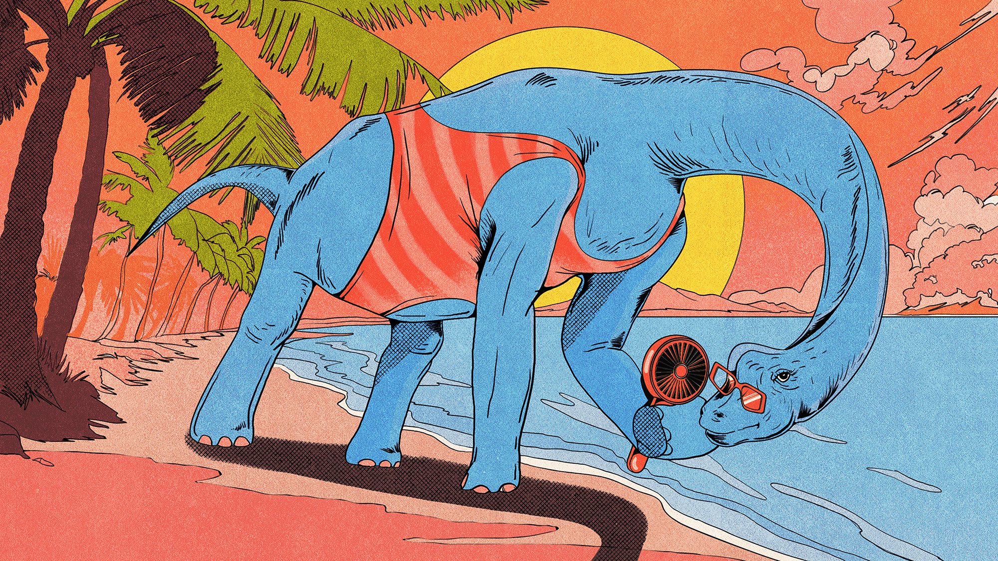 Brachiosaurus in bathing suit stands on a beach with a handheld fan to show that dinosaurs might have been warm-blooded. Illustrated.