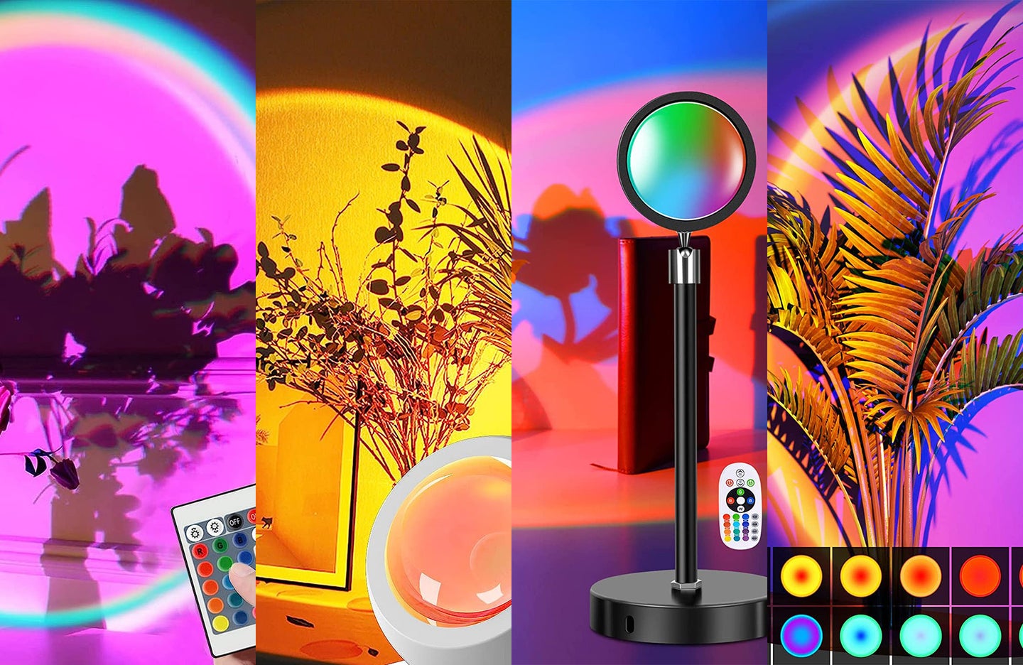 A lineup of the best sunset lamps on a colorful background