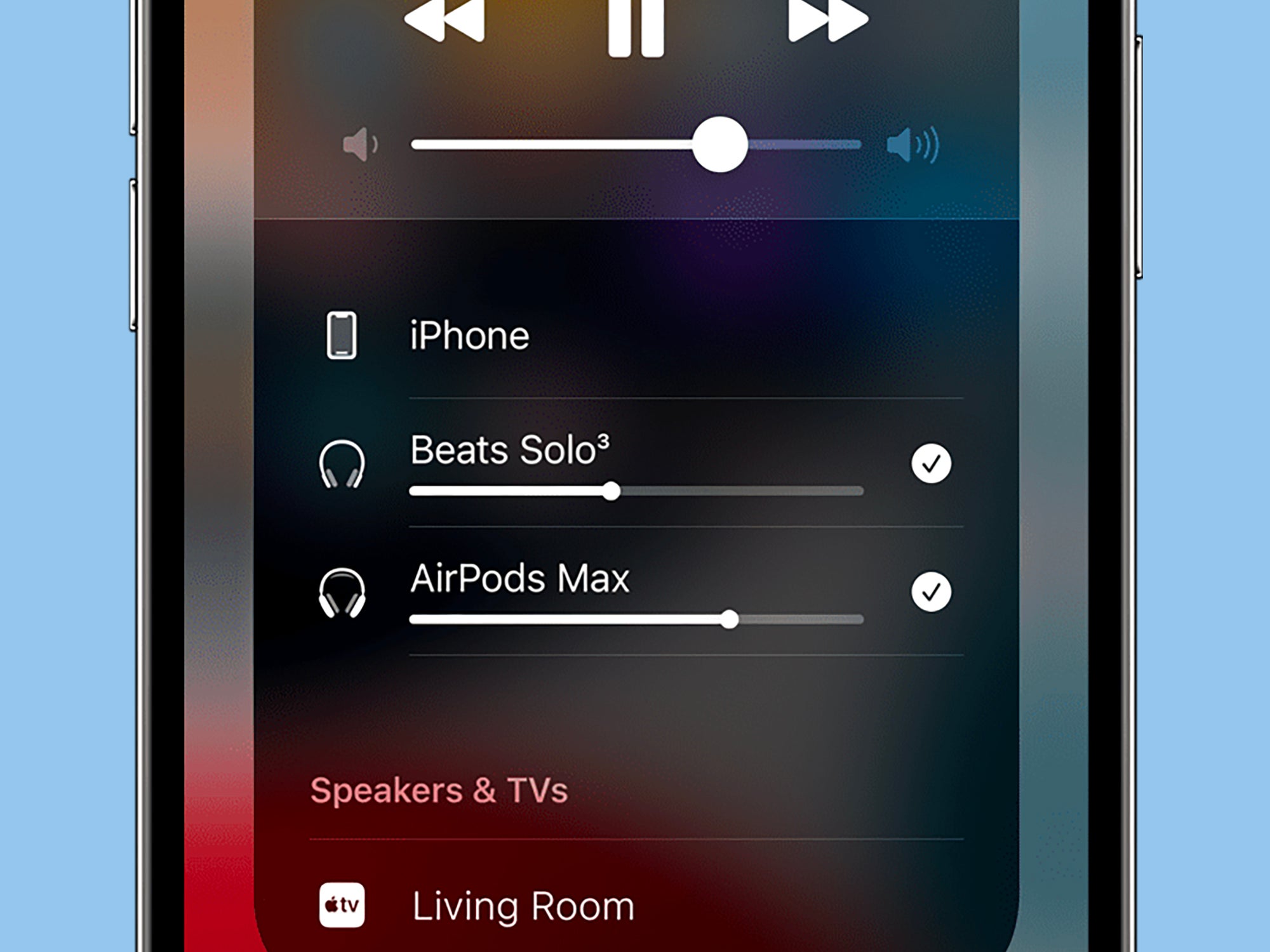 The iOS Control Center on an iPhone showing the Share Audio feature in action, with two sets of headphones (Beats Solo 3 and AirPods Max) connected to the same phone.