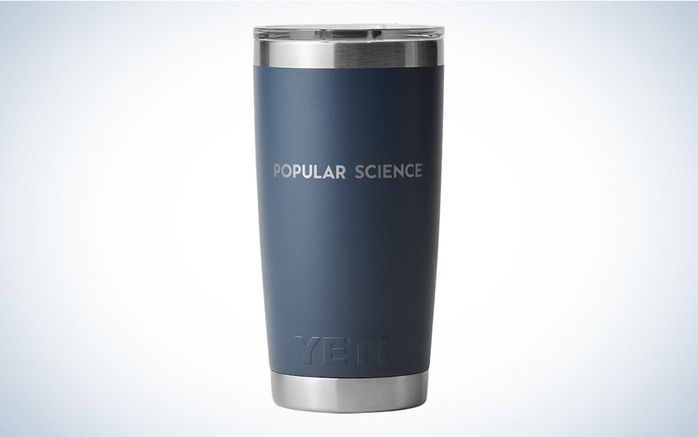 A navy Yeti tumbler customized with the "Popular Science" logo