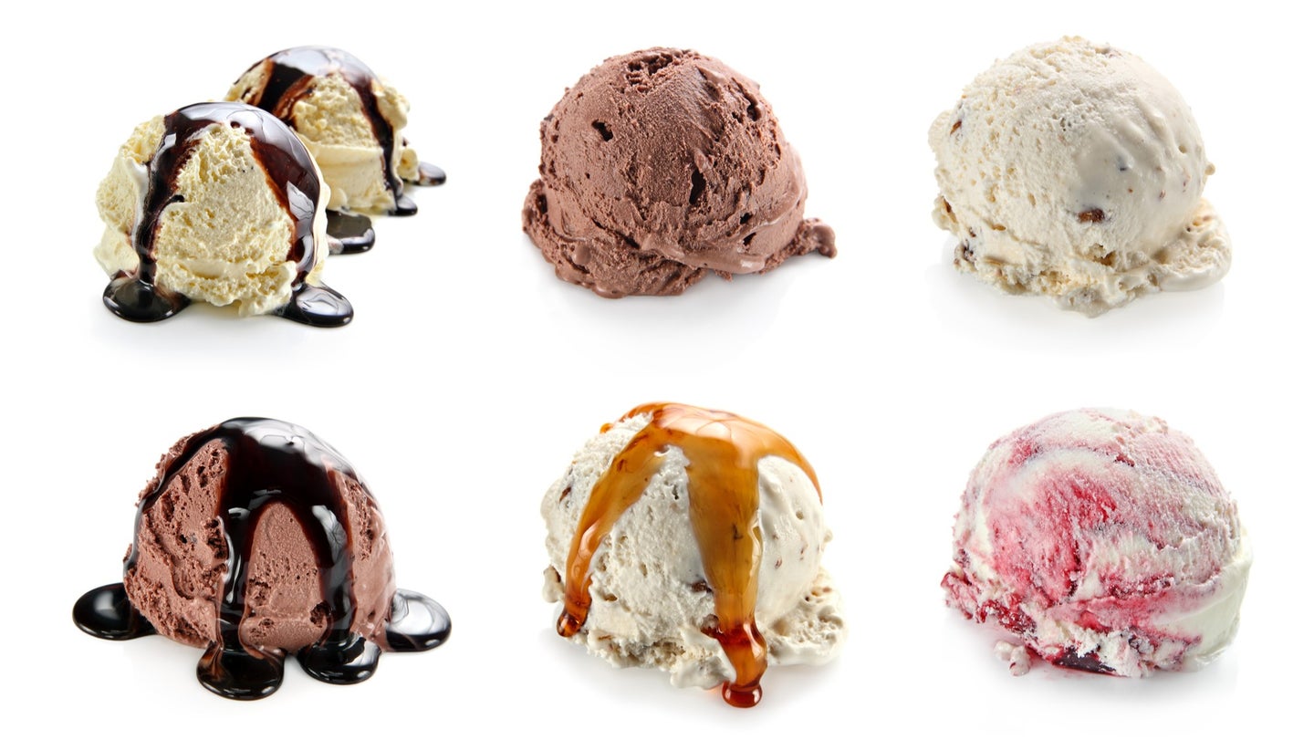 Six scoops of different ice creams on a white background. Which to choose?