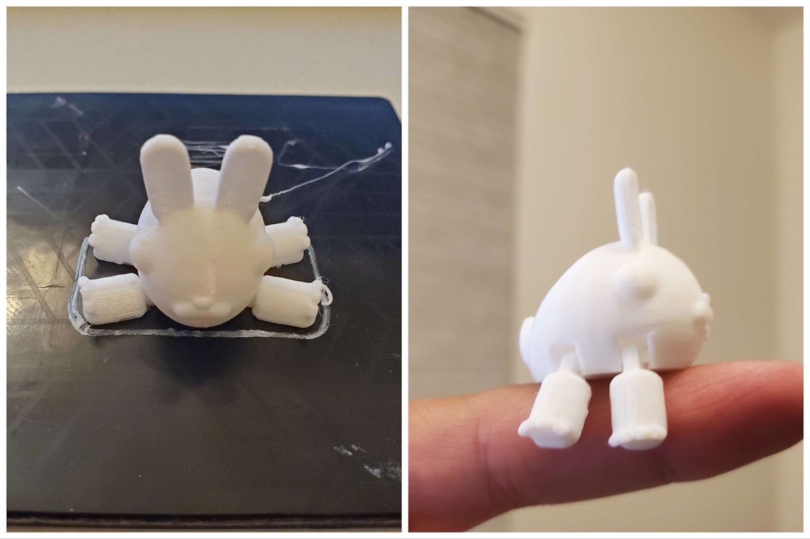 A Toybox 3D printer figure right after production and following some cleanup