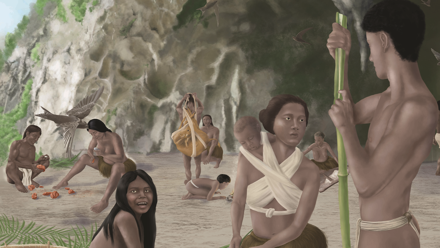 A painting of a group of prehistoric residents of Tabon Cave in the Philippines, featuring four individuals of varying ages, using fiber technology at Tabon Cave, 39 to 33,000 years ago. It was painted by Carole Chwval for the exhibition "Trajectories and Movements of the Philippine Identity," curated by Hermine Xhauflair and Eunice Averion.