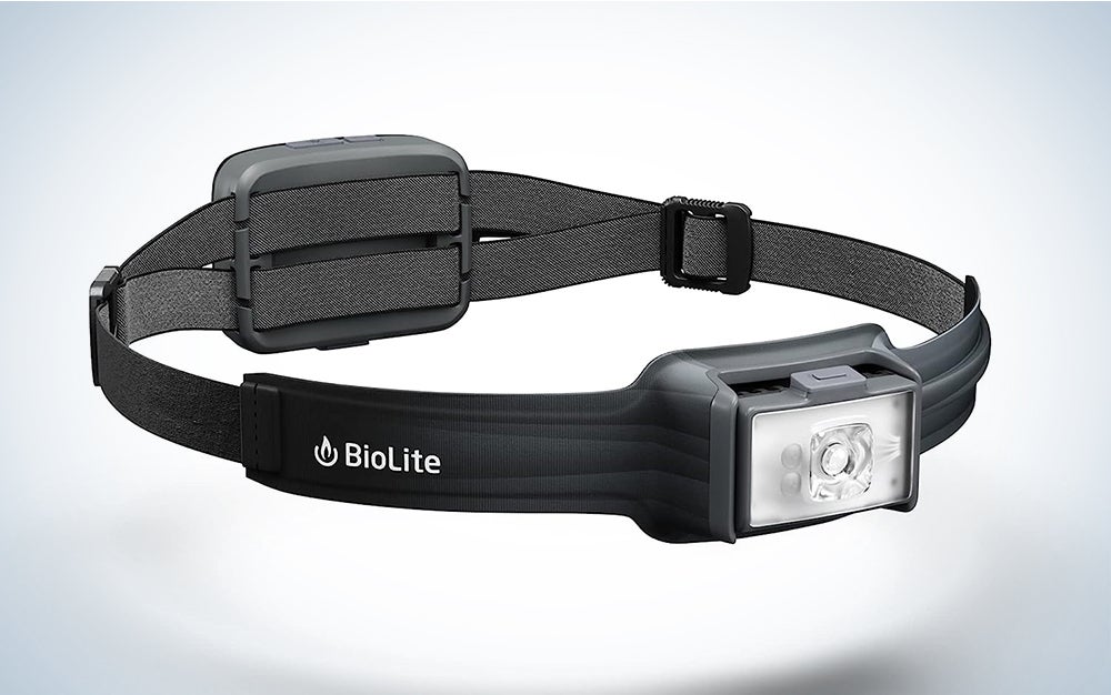 A black BioLite headlamp on a blue and white background