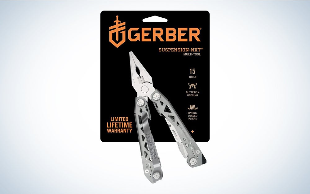A Gerber Gear multi-tool on a blue and white background