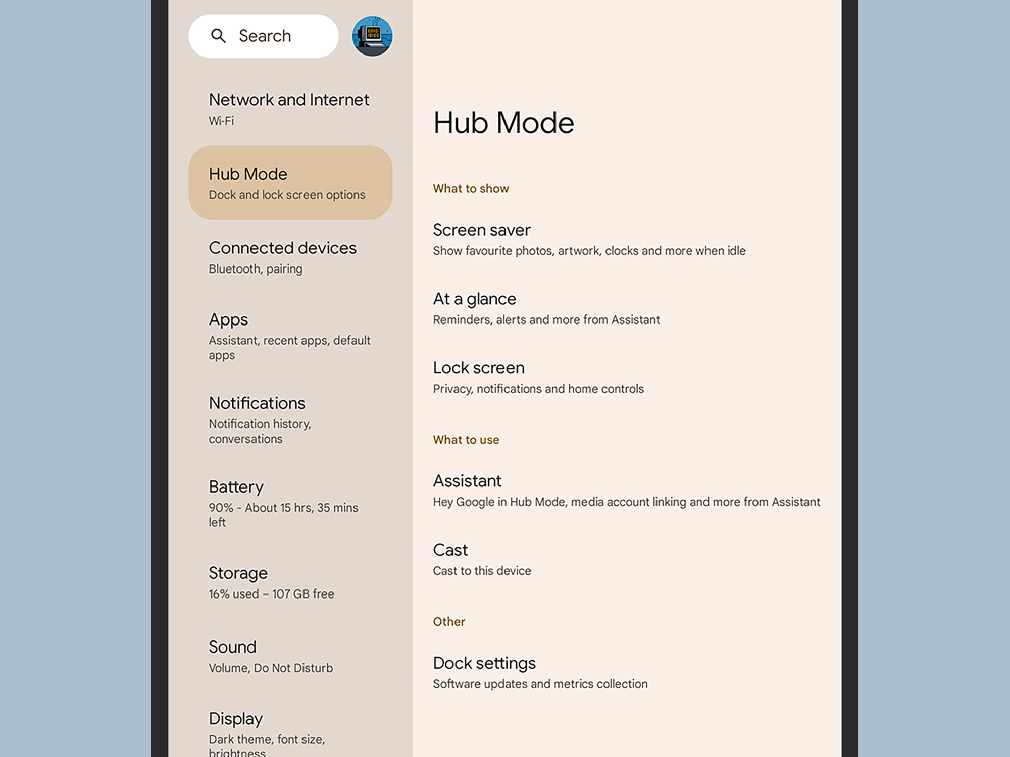 The hub mode settings on a Google Pixel Tablet.