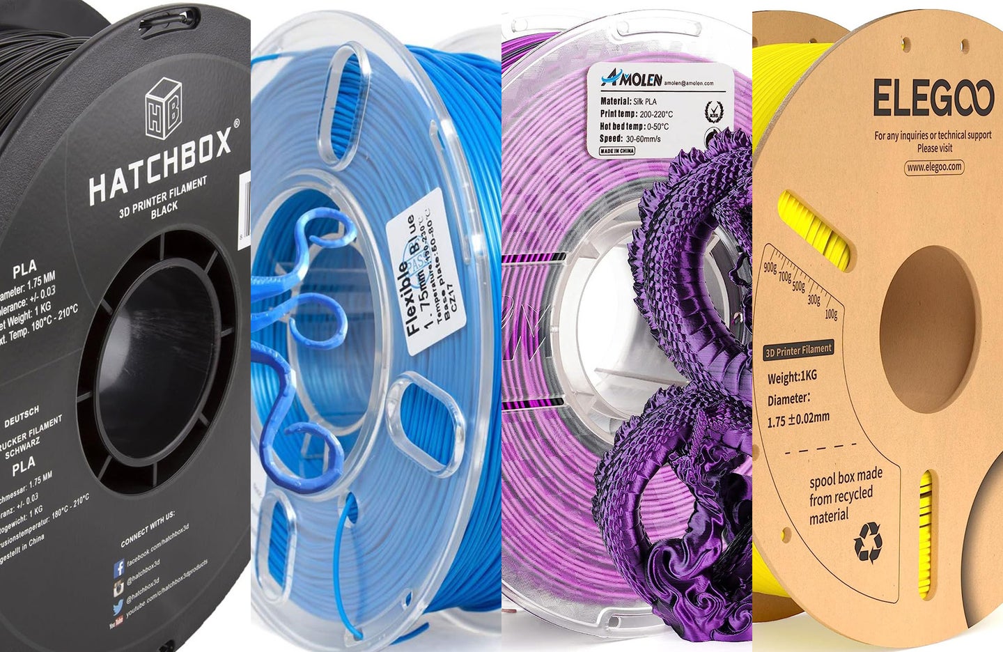 A lineup of the best 3D printer filament on a white background