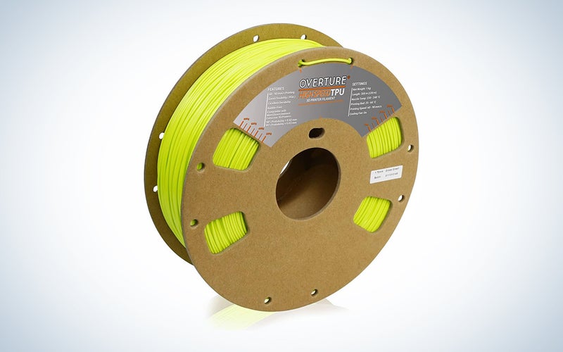 A spool of yellow OVERTURE TPU High Speed Filament on a blue and white background