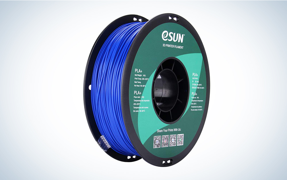 A roll of blue eSun 3D printer filament on a blue and white background