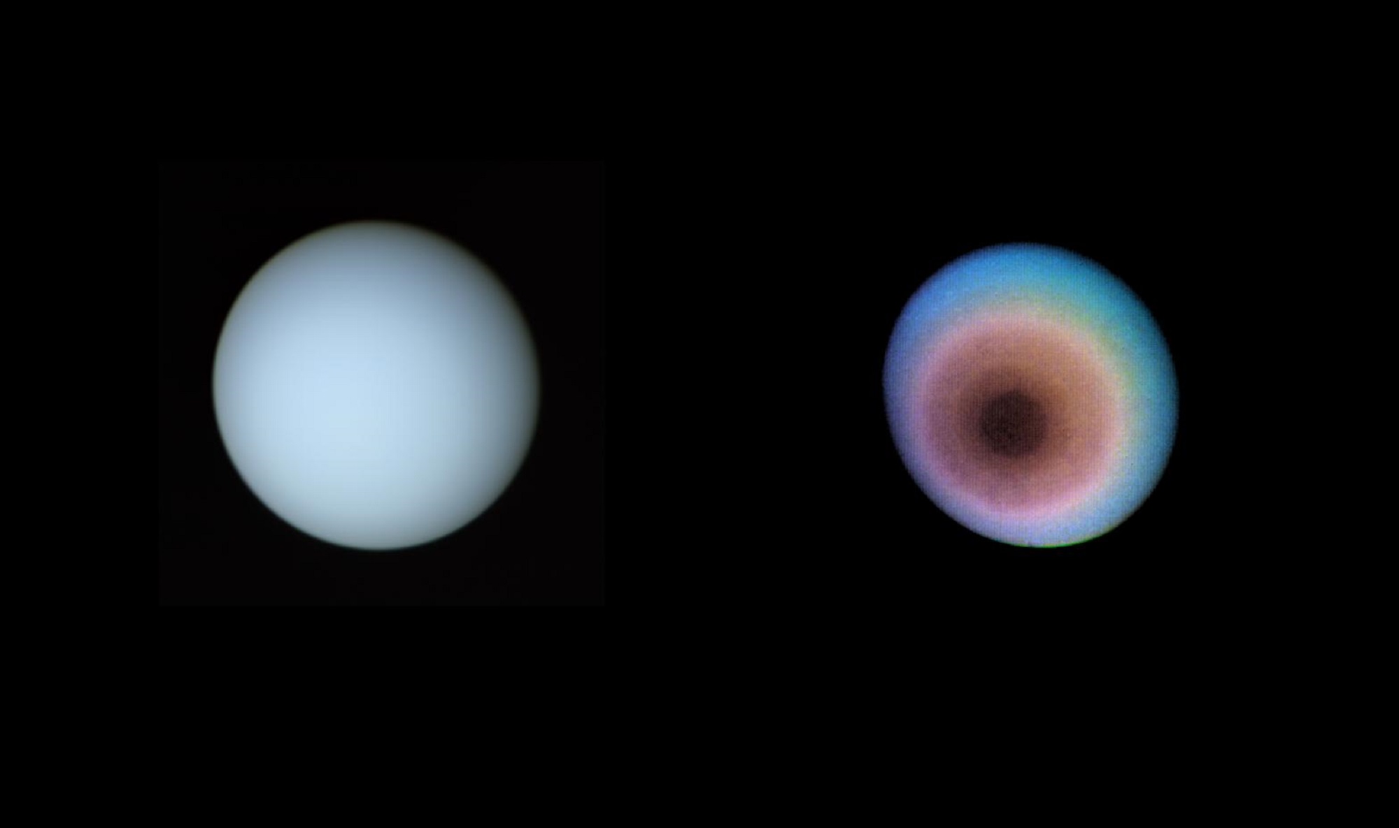 Uranus captured by Voyager 2 in true color and false color. Uranus got its name from Greek mythology.