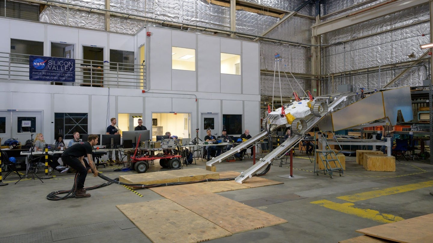 VIPER moon rover coming down a ramp during a test at the NASA Ames Research Center