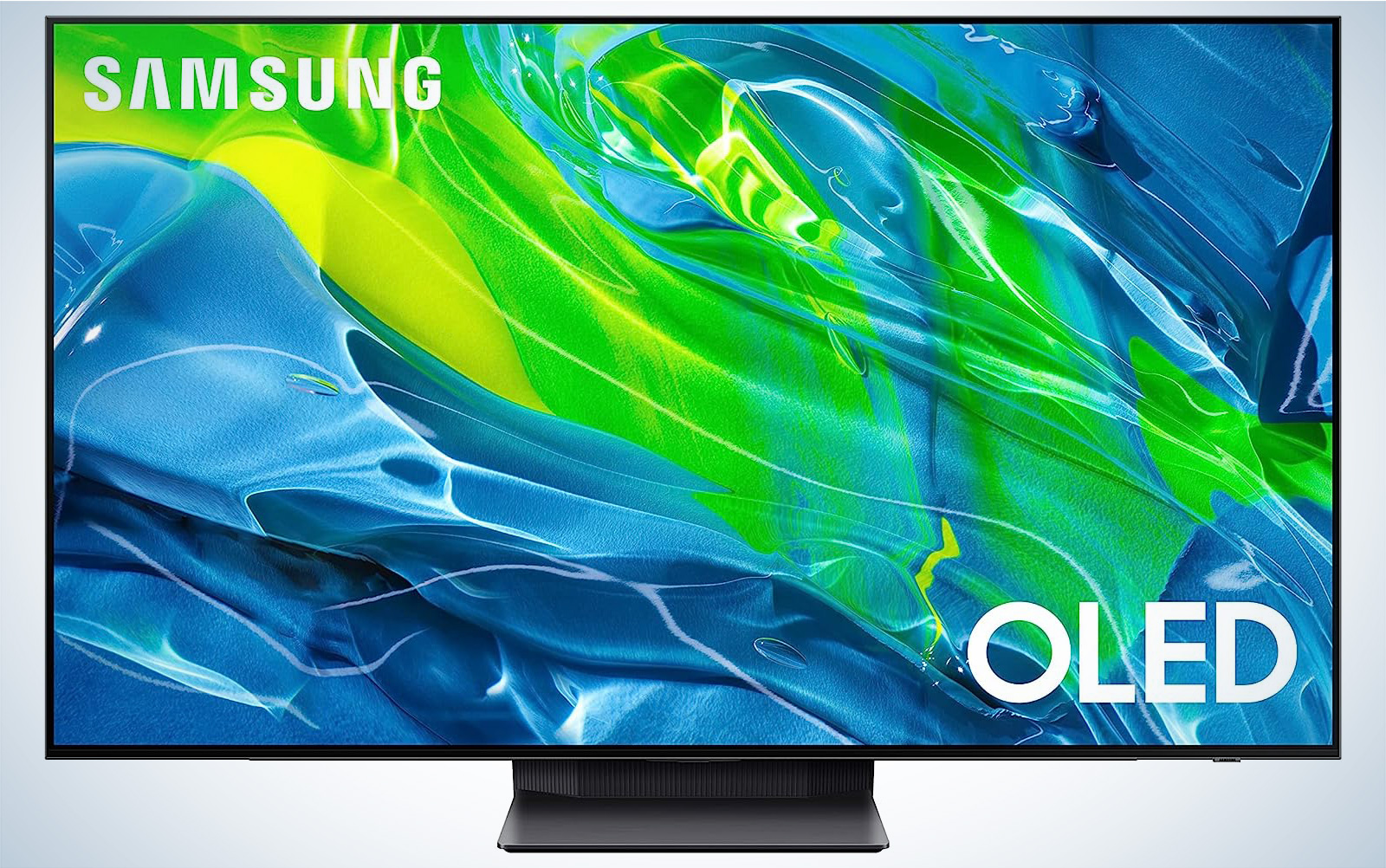 Samsung S95B OLED TV with a blue and green pattern on the screen
