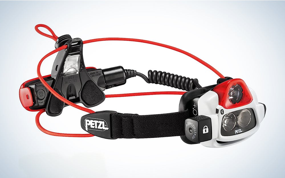 The PETZL, NAO + Programmable, Rechargeable Headlamp with 750 Lumens on a blue and white background