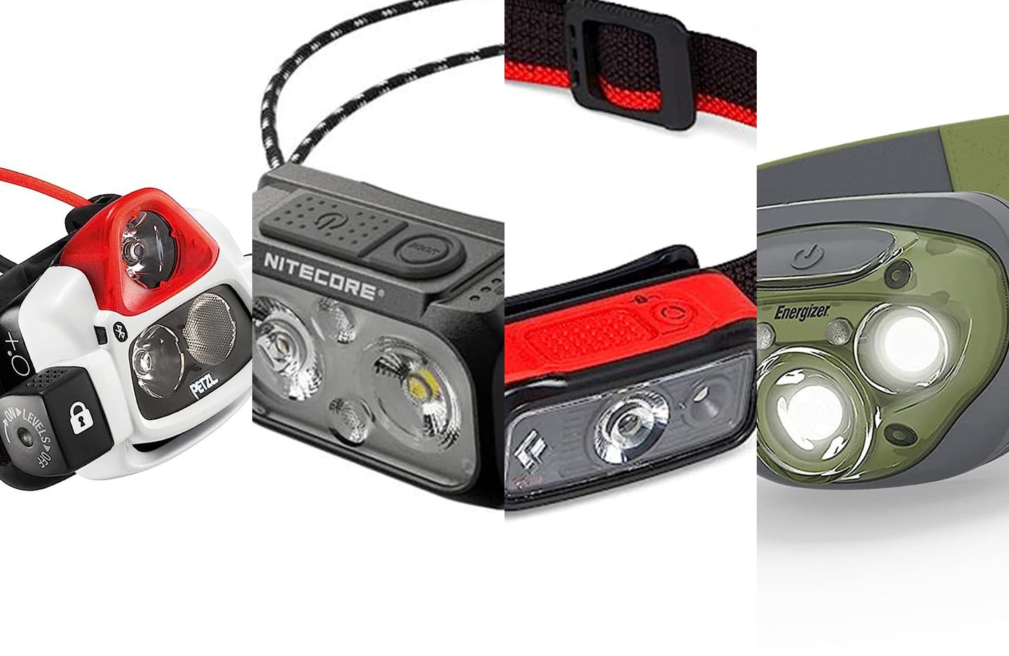 A lineup of the best headlamps for hiking on a white background