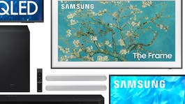 Samsung TVs and soundbars arranged in a header for Prime Day deals