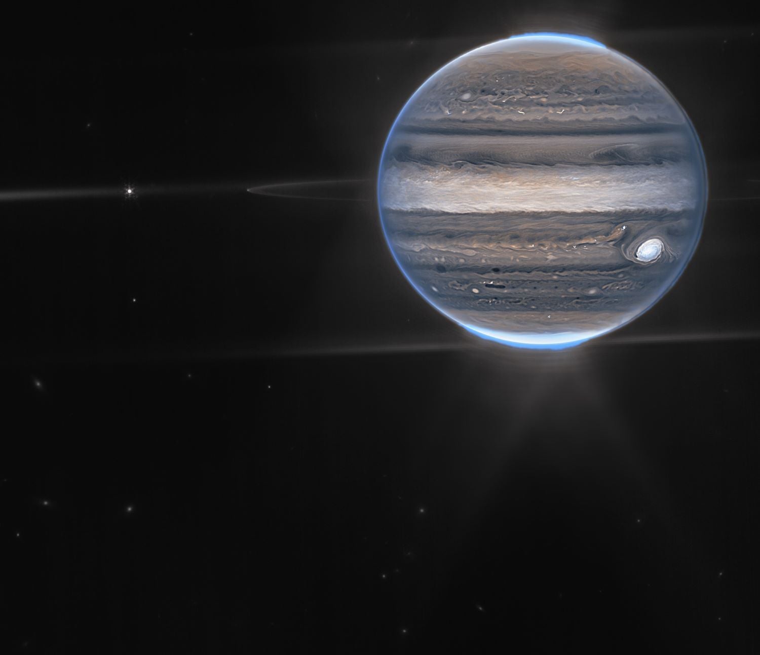 The gas giant Jupiter gives off shining infrared light.
