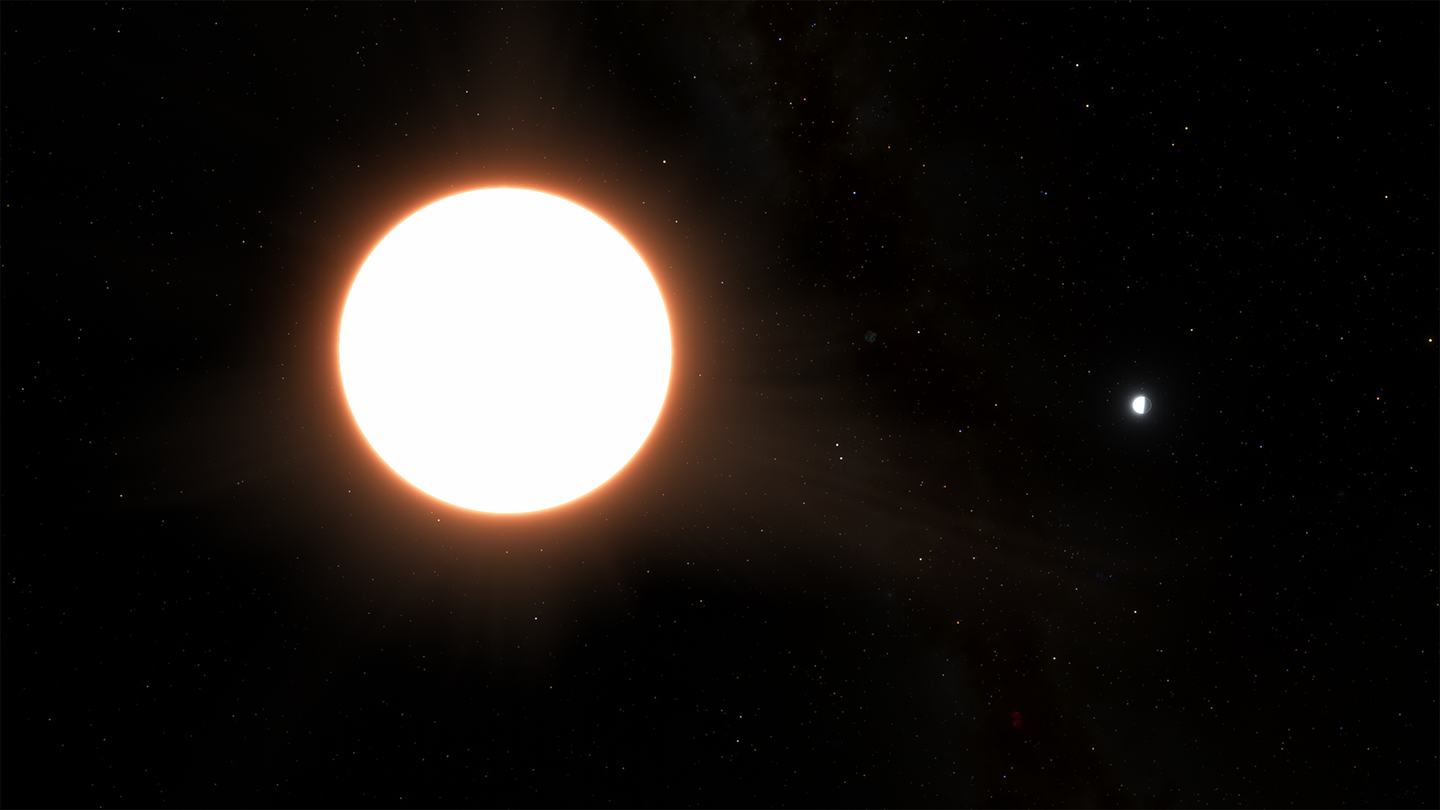 This is an artist impression of exoplanet LTT9779b orbiting its host star. The host star is located on the left as a large white circle with rays coming out of it in orange. The exoplanet is smaller and shown on the right of the image. The side of the exoplanet that is facing its host star is illuminated. The planet is around the size of Neptune and reflects 80% of the light shone on it, making it the largest known “mirror” in the Universe. The background of the image is black and speckled across the image is a starfield, showing innumerable stars of many sizes