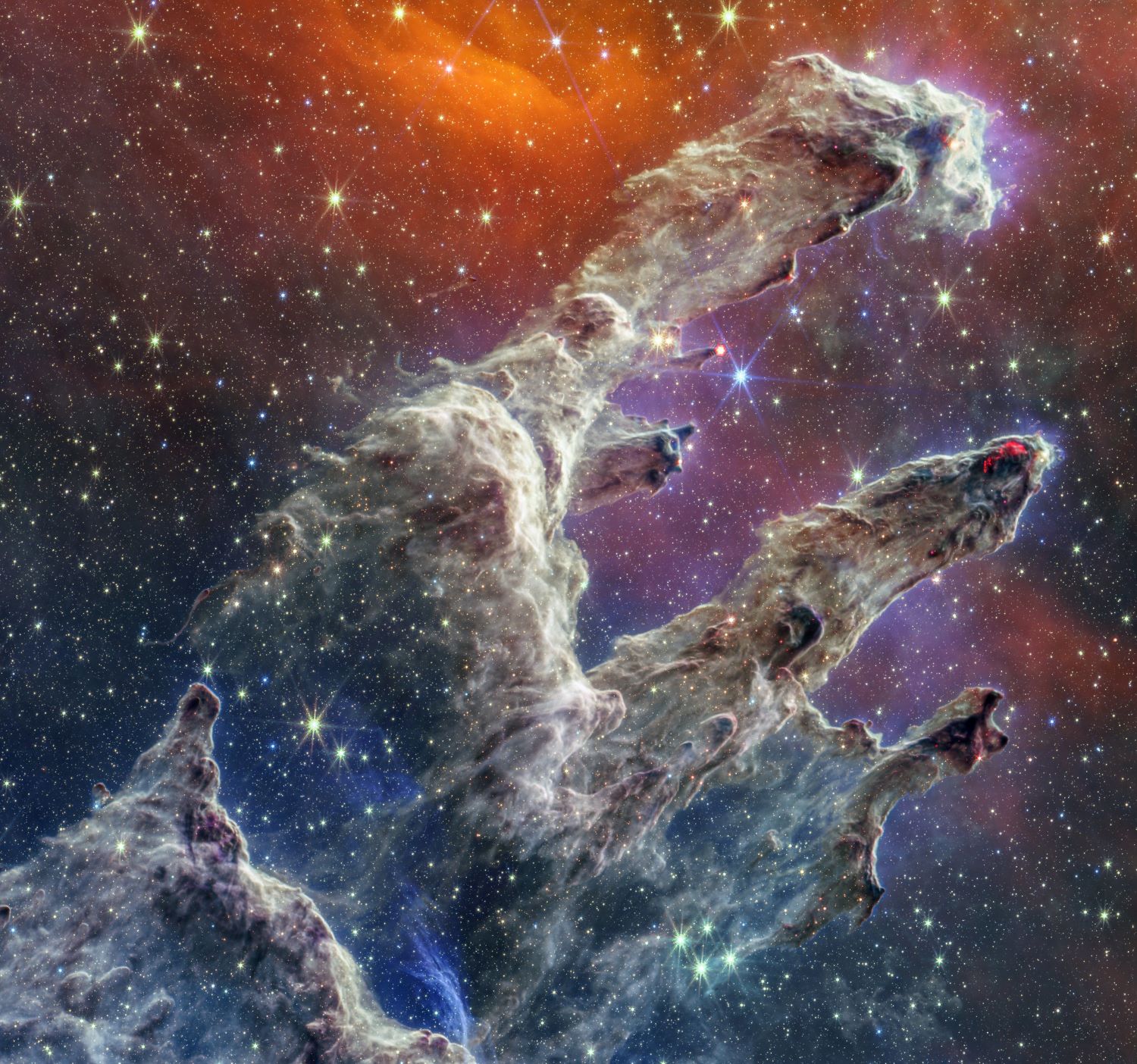 NASAâs James Webb Space Telescope has captured a lush, highly detailed landscape â the iconic Pillars of Creation â where new stars are forming within dense clouds of gas and dust. 