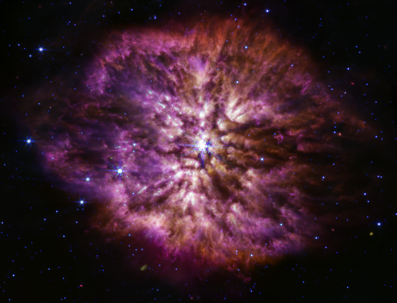 Purple dust and clouds surround a central star as it prepares to go nova. 