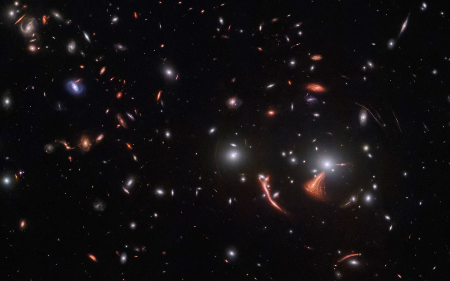 Galaxies distorted by the phenomenon known as gravitational lensing.