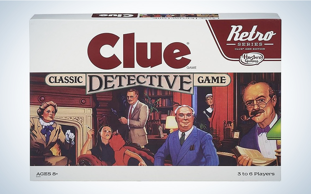 A vintage edition of the board game Clue on a blue and white background