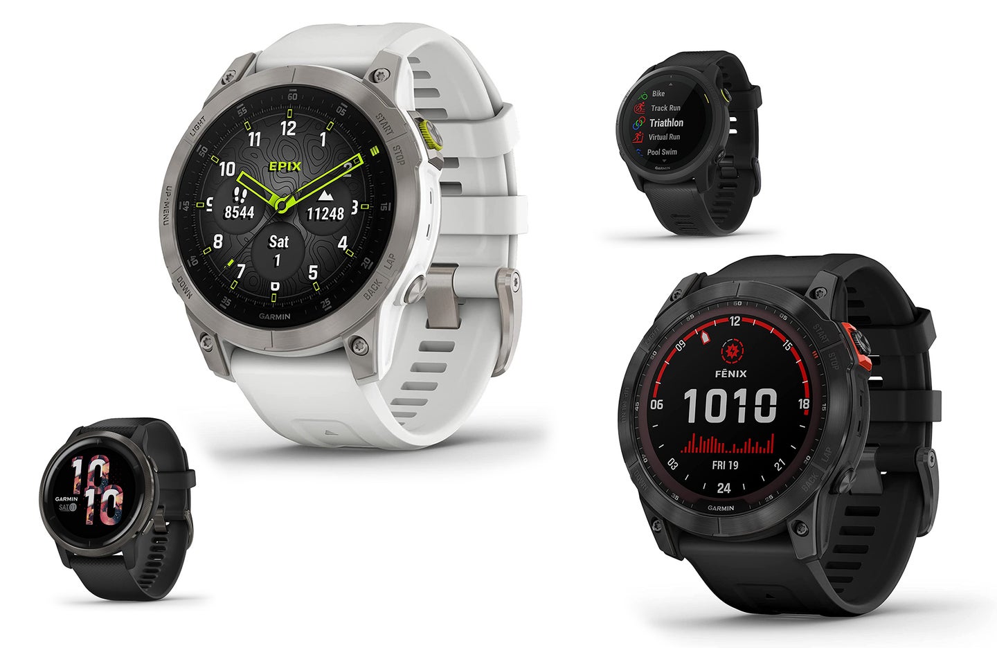 A selection of Garmin fitness watches on a white background